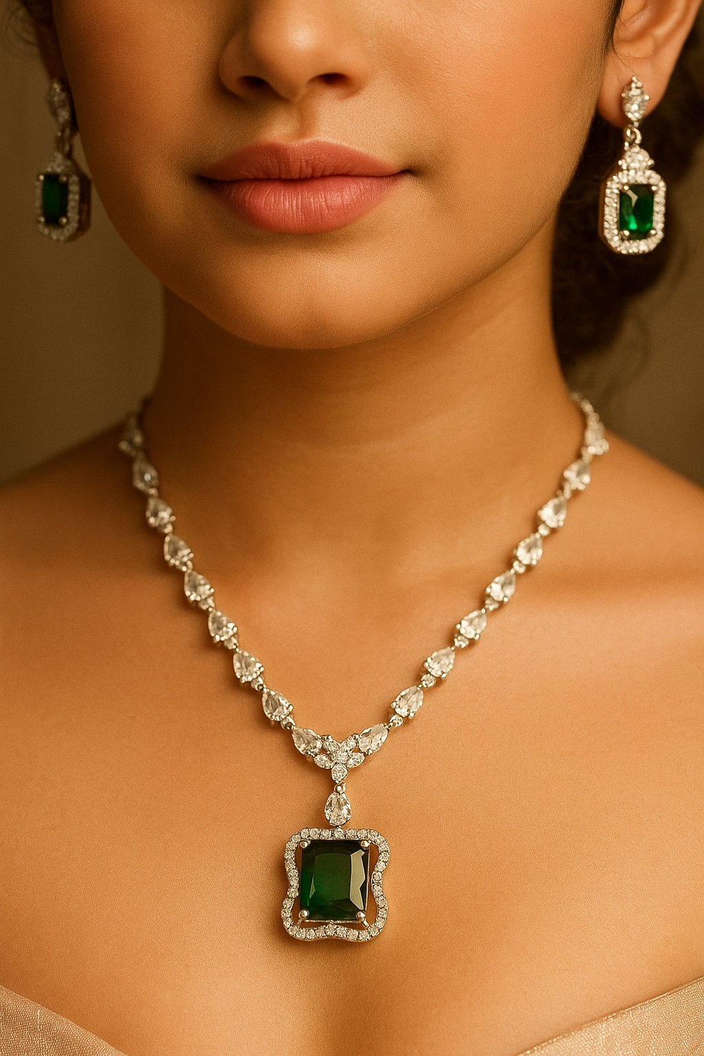 Emerald Envy – Green Diamond Necklace Set with Earrings | Royal Artificial Jewellery
