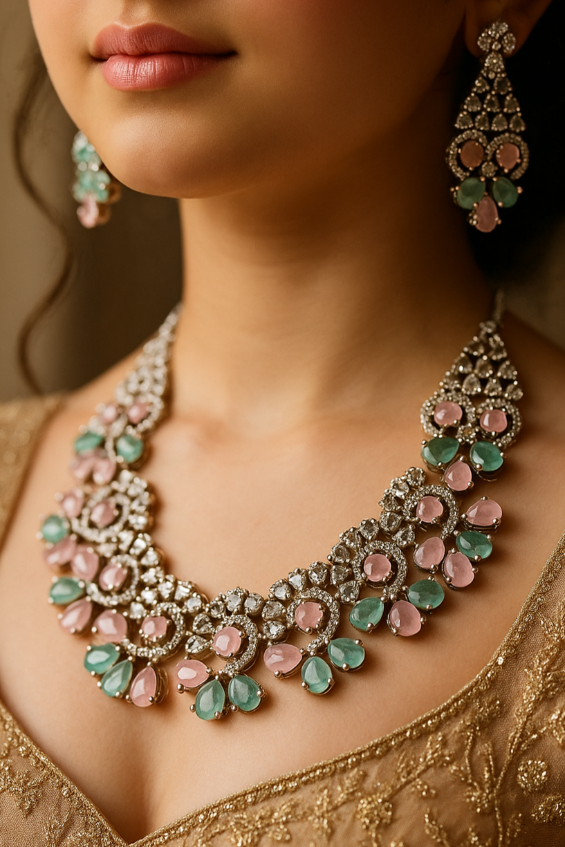 Enchanted Pastels – Diamond Necklace Set with Earrings