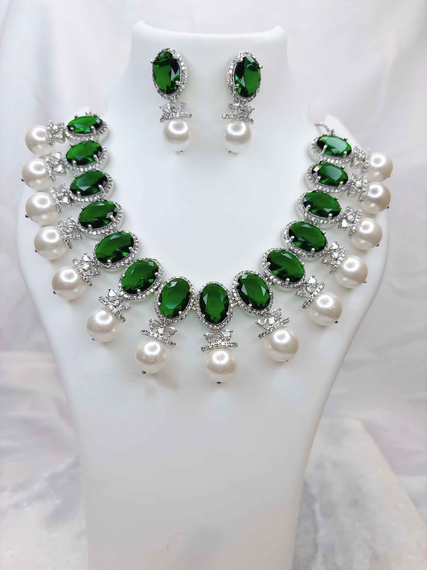 Dark Green Pearl Necklace Set with Earrings | Elegant Artificial Jewellery