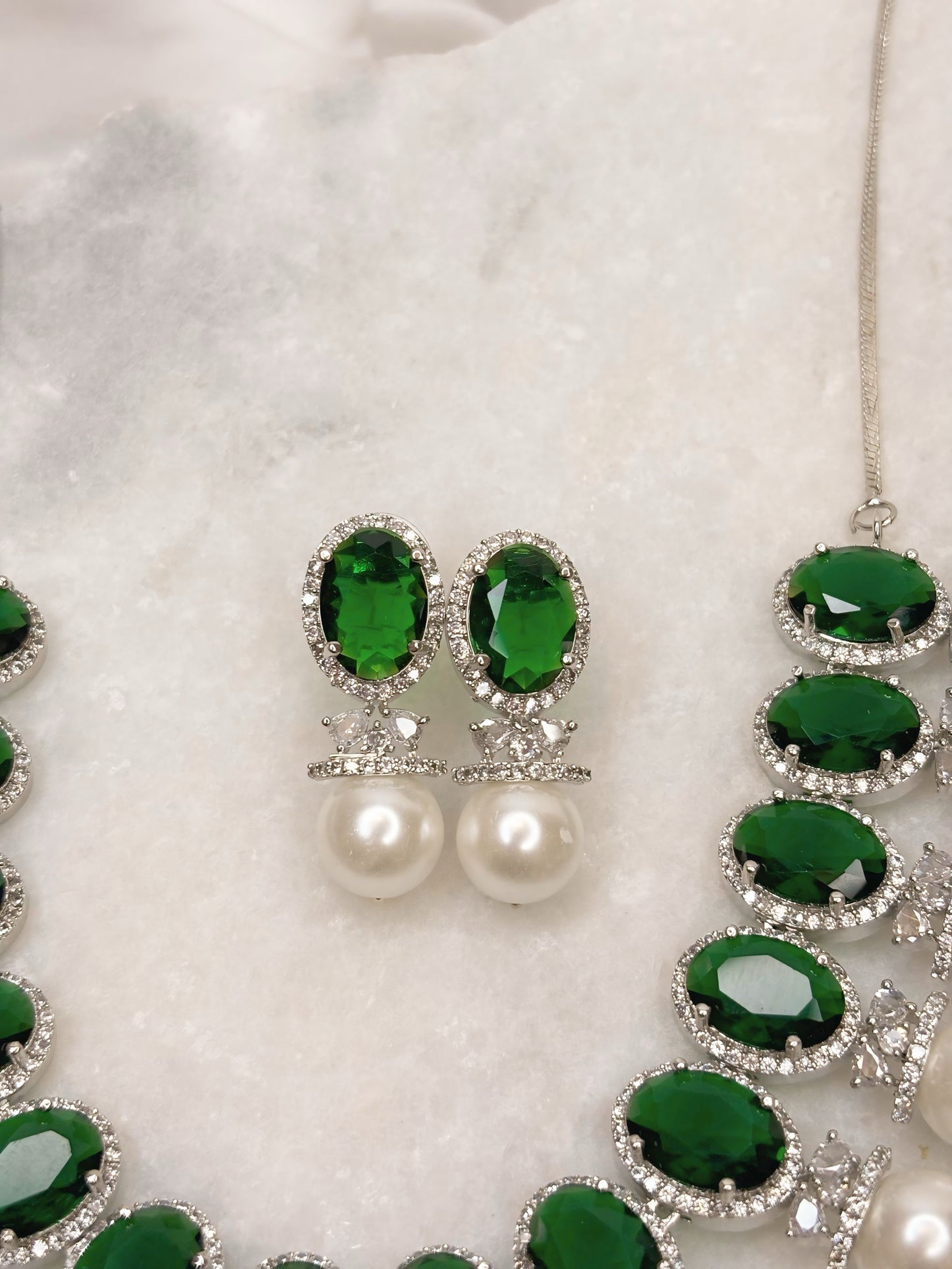Dark Green Pearl Necklace Set with Earrings | Elegant Artificial Jewellery