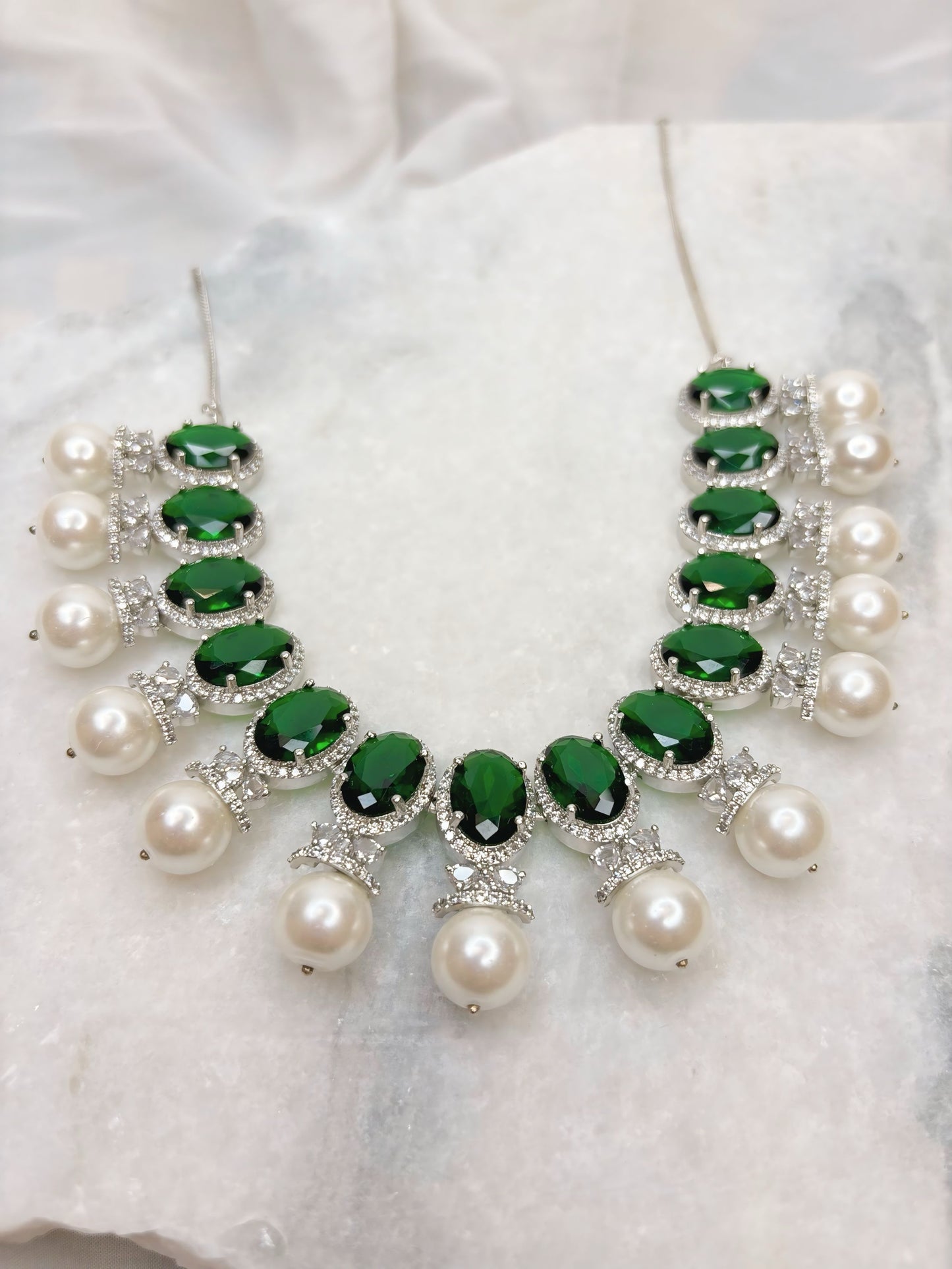 Dark Green Pearl Necklace Set with Earrings | Elegant Artificial Jewellery
