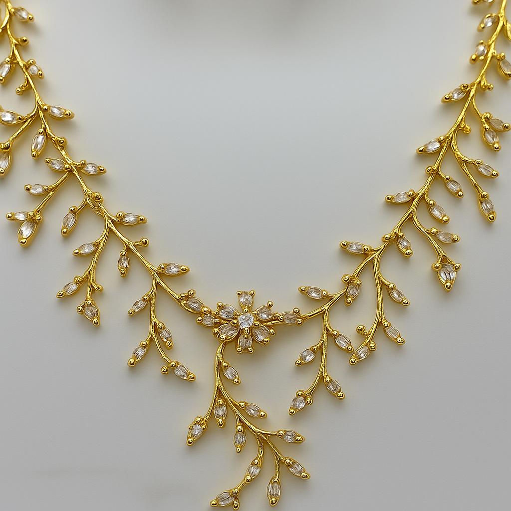 Golden Leaves Diamond Necklace Set with Earrings | Elegant Artificial Jewellery for Women