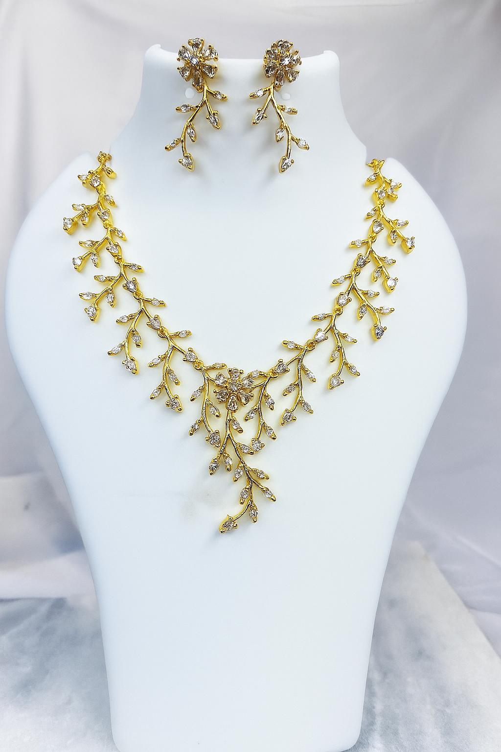 Golden Leaves Diamond Necklace Set with Earrings | Elegant Artificial Jewellery for Women
