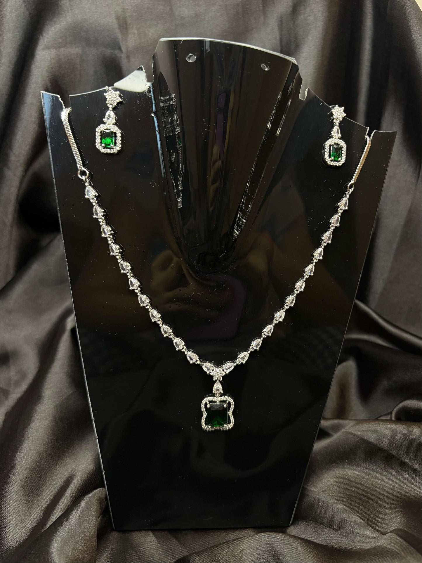 Emerald Envy – Green Diamond Necklace Set with Earrings | Royal Artificial Jewellery